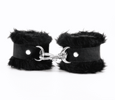 Love In Leather Fluffy Cuffs with Suede Leather Strap - Black - Cuffs And Restraints